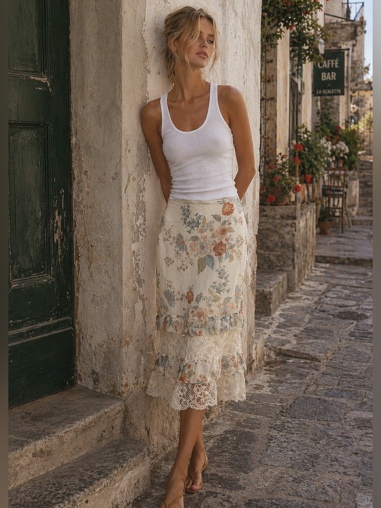 MaxMara Dresses & Skirts - Max Mara Silk Floral Lace Trim Midi Skirt - Cream with Pastel Florals